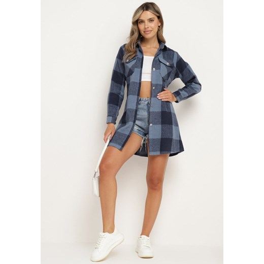 Granatowa Koszula Sukienka Mini w Kratkę z Guzikami i Materiałowym Paskiem L Born2be Odzież