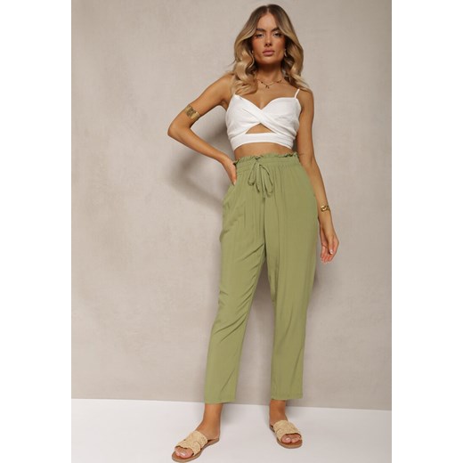 Zielone Spodnie z Bawełny Typu Paper Bag High Waist z Gumką w Talii Kitanea ze sklepu Renee odzież w kategorii Spodnie damskie - zdjęcie 173390502