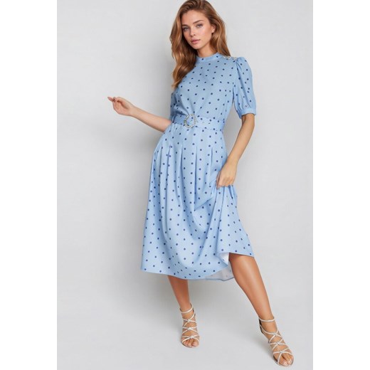 Niebieska Sukienka Midi z Gumką w Talii i Materiałowym Paskiem z Klamrą Maerali ze sklepu Born2be Odzież w kategorii Sukienki - zdjęcie 173391182