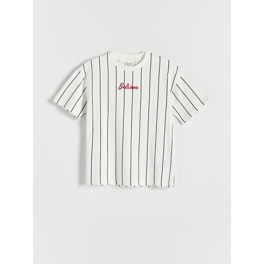 Reserved - T-shirt oversize w paski - złamana biel ze sklepu Reserved w kategorii T-shirty chłopięce - zdjęcie 173393542