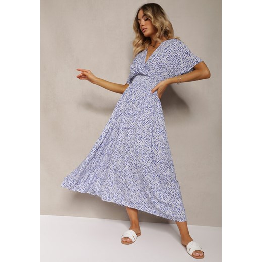 Niebieska Sukienka z Kopertowym Dekoltem i Gumką w Pasie Tinettha ze sklepu Renee odzież w kategorii Sukienki - zdjęcie 173413200