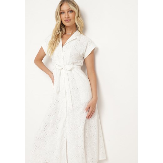 Sukienka Born2be biała z dekoltem w serek midi z krótkim rękawem z paskiem 
