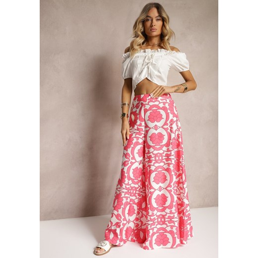 Różowe Szerokie Spodnie z Wiskozy High Waist z Gumką w Talii o Kwiatowym Wzorze Weranea ze sklepu Renee odzież w kategorii Spodnie damskie - zdjęcie 173420454