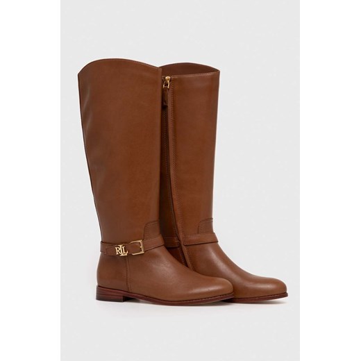 Lauren Ralph Lauren kozaki skórzane Brooke Tall damskie kolor brązowy na płaskim obcasie 802937804002 ze sklepu ANSWEAR.com w kategorii Kozaki damskie - zdjęcie 173420702