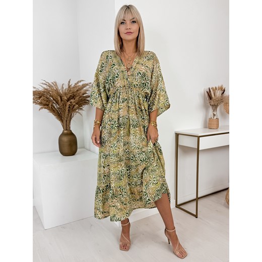 Sukienka midi z długimi rękawami z dekoltem w serek 