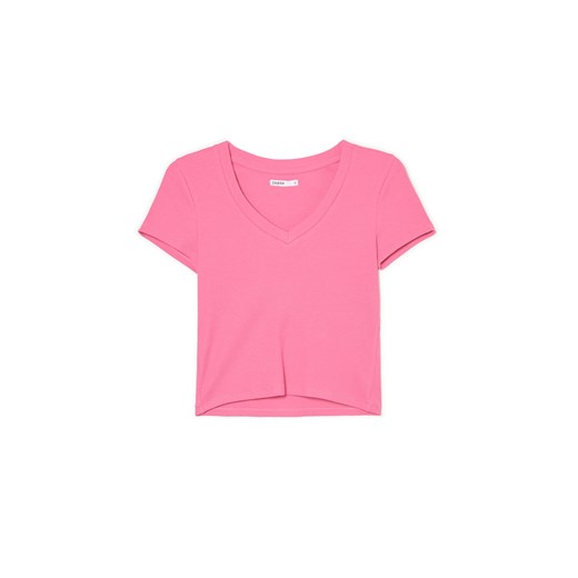 Cropp - Różowy t-shirt z dekoltem V - różowy Cropp L Cropp okazja