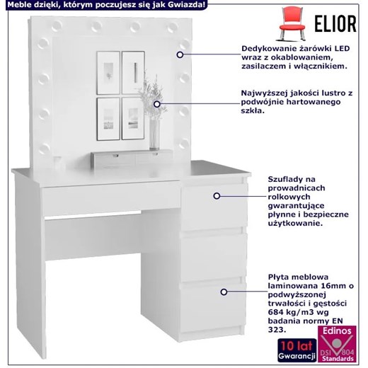 Biała skandynawska toaletka z lustrem scenicznym - Lotaro 5X Elior One Size okazyjna cena Edinos.pl