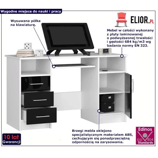 Biało-czarne biurko z szafką i półkami połysk - Delian 4X Elior One Size Edinos.pl
