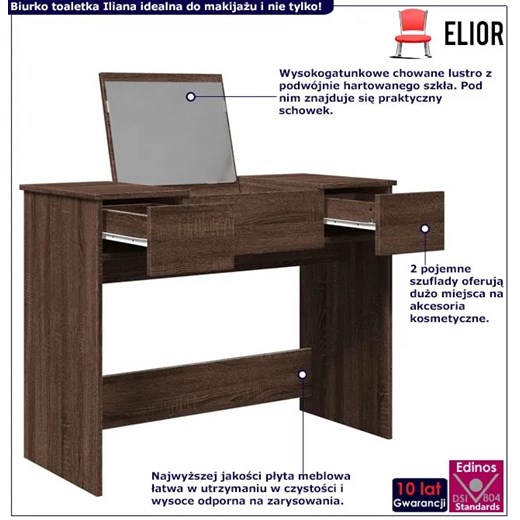 Stół toaletka z lustrem do makijażu brązowy dąb - Iliana Elior One Size Edinos.pl
