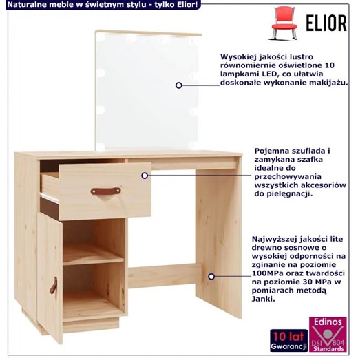 Drewniana toaletka z lustrem podświetlanym naturalna - Fienna Elior One Size Edinos.pl