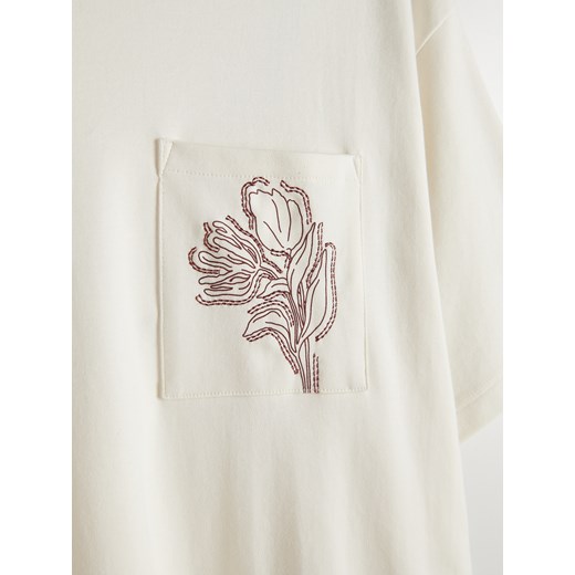 Reserved - T-shirt oversize z haftem - złamana biel Reserved L Reserved