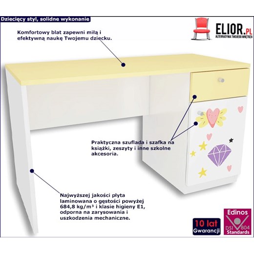 Biało-żółte biurko dla dziewczynki Lili 2X - 3 kolory Elior One Size okazja Edinos.pl