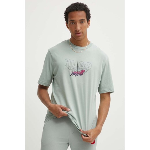 Hugo Blue t-shirt bawełniany męski kolor zielony z nadrukiem 50519065 Hugo Blue L ANSWEAR.com
