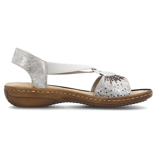 Komfortowe sandały damskie wsuwane z gumką metallic Rieker 60880-90 srebrny ze sklepu ButyModne.pl w kategorii Sandały damskie - zdjęcie 173514531