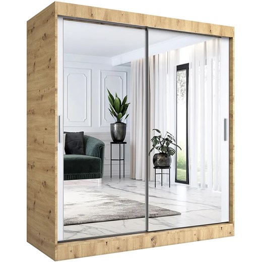 Szafa przesuwna z lustrem 180 cm dąb artisan + biały D9-M74 ze sklepu Edinos.pl w kategorii Szafy - zdjęcie 173562721