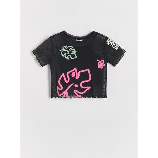 Reserved - Dwuwarstwowy t-shirt z nadrukiem - czarny ze sklepu Reserved w kategorii Bluzki dziewczęce - zdjęcie 173581934
