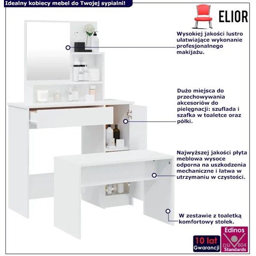 Toaletka kosmetyczna z lustrem i stołkiem biały połysk - Razia 5X Elior One Size Edinos.pl