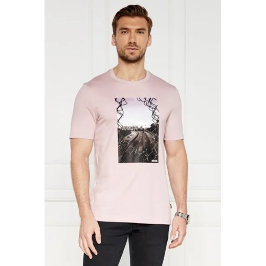 T-shirt męski różowy BOSS HUGO z krótkim rękawem na jesień
