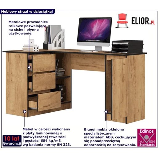 Biurko komputerowe i gamingowe narożne dąb craft prawostronne - Osmen 4X Elior One Size Edinos.pl