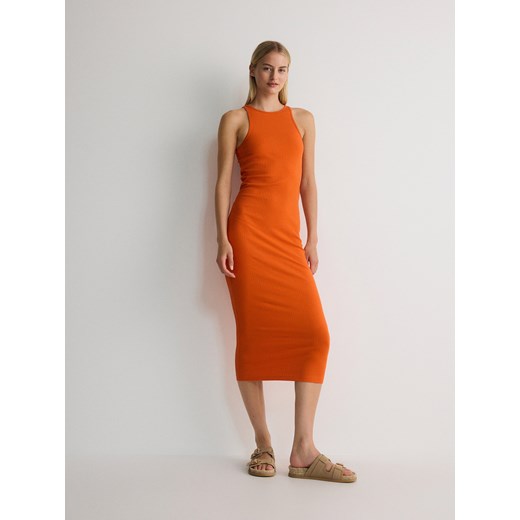 Reserved - Sukienka maxi z bawełnianej dzianiny - pomarańczowy Reserved L Reserved