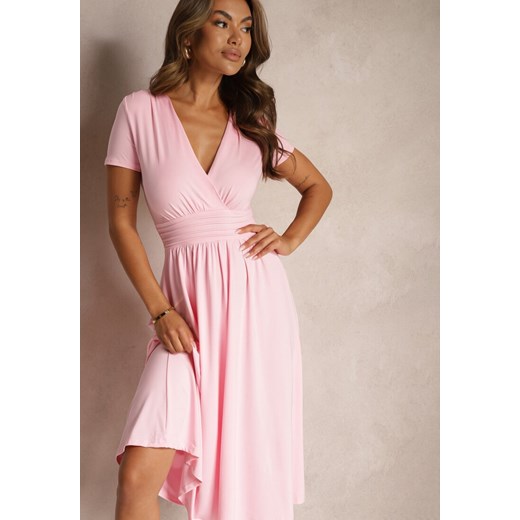 Różowa Sukienka Taliowana z Kopertowym Dekoltem o Rozkloszowanym Kroju Rimadea ze sklepu Renee odzież w kategorii Sukienki - zdjęcie 173641034
