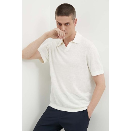 Theory polo lniane kolor beżowy N0483701 ze sklepu ANSWEAR.com w kategorii T-shirty męskie - zdjęcie 173669083