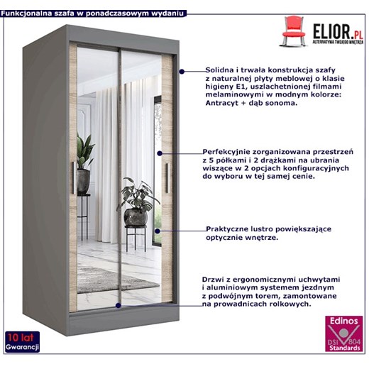 Szafa przesuwna w kolorze antracyt + dąb sonoma - Edna 2X Profeos One Size Edinos.pl