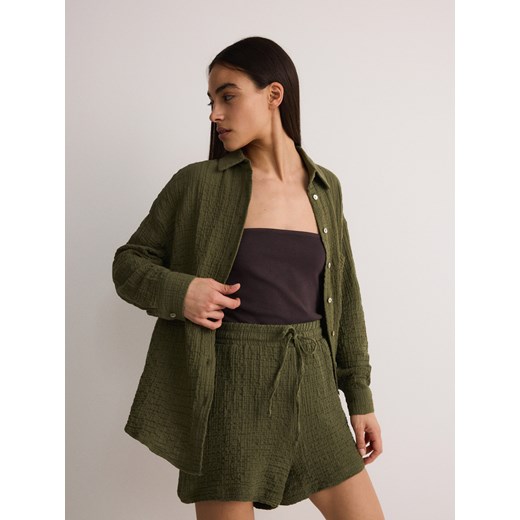 Reserved - Koszula z bawełnianego muślinu - oliwkowy ze sklepu Reserved w kategorii Koszule damskie - zdjęcie 173709830