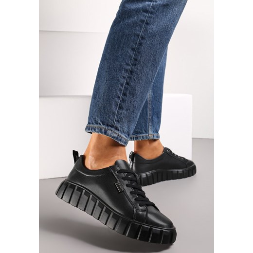 Czarne Sneakersy ze Skóry Naturalnej na Tłoczonej Platformie Pelinea ze sklepu renee.pl w kategorii Buty sportowe damskie - zdjęcie 173741981