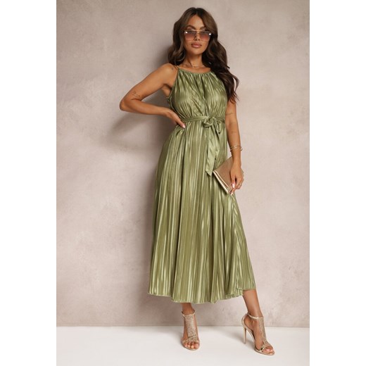 Zielona Sukienka Plisowana z Paskiem w Talii na Cienkich Ramiączkach Wasea ze sklepu Renee odzież w kategorii Sukienki - zdjęcie 173755383
