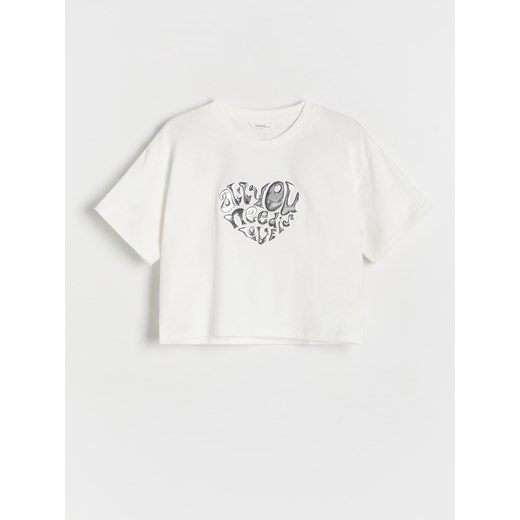 Reserved - Bawełniany t-shirt z aplikacją - złamana biel ze sklepu Reserved w kategorii Bluzki dziewczęce - zdjęcie 173767532