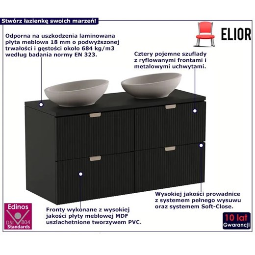 Czarna ryflowana szeroka szafka wisząca pod umywalkę - Oxel 6X Elior One Size Edinos.pl