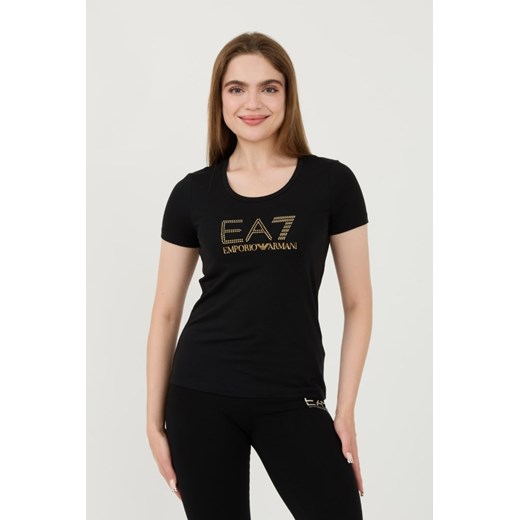 EA7 Czarny t-shirt z cyrkoniami, Rozmiar M ze sklepu outfit.pl w kategorii Bluzki damskie - zdjęcie 173791682