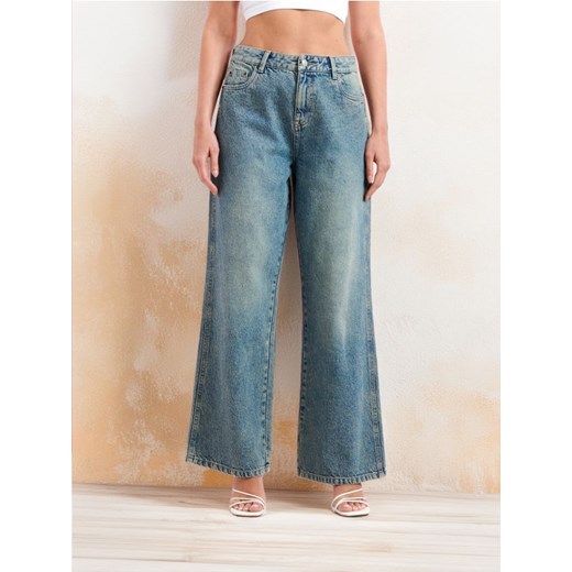 Sinsay - Jeansy wide leg high waist - turkusowy Sinsay 32 Sinsay