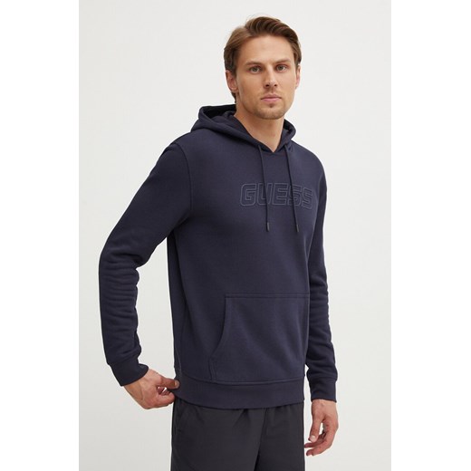 Guess bluza ALDWIN męska kolor granatowy z kapturem z aplikacją Z4YQ12 KAIJ1 ze sklepu ANSWEAR.com w kategorii Bluzy męskie - zdjęcie 173795104