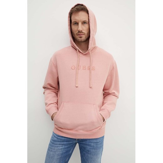 Guess bluza bawełniana męska kolor różowy z kapturem z aplikacją ze sklepu ANSWEAR.com w kategorii Bluzy męskie - zdjęcie 173800831