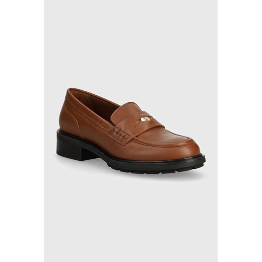 Tommy Hilfiger mokasyny skórzane TH PENNY LOAFER damskie kolor brązowy na platformie FW0FW08029 ze sklepu ANSWEAR.com w kategorii Mokasyny damskie - zdjęcie 173811594