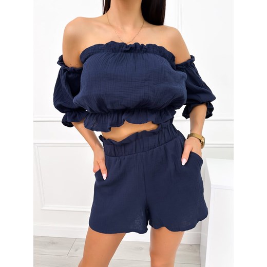 Granatowy Komplet Crop Top + Spodenki ze sklepu ModnaKiecka.pl w kategorii Komplety i garnitury damskie - zdjęcie 173815451