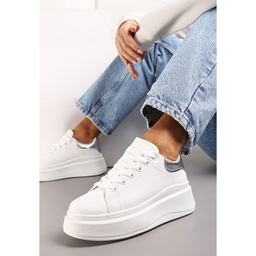 Biało-Srebrne Sznurowane Sneakersy na Niskiej Platformie z Imitacji Skóry Ajanfa ze sklepu renee.pl w kategorii Buty sportowe damskie - zdjęcie 173826122