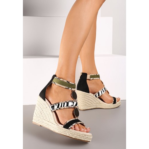 Czarne Sandały na Koturnie w Stylu Boho Ozdobione Suwakiem i Metalicznymi Aplikacjami Desvia ze sklepu renee.pl w kategorii Espadryle damskie - zdjęcie 173827703