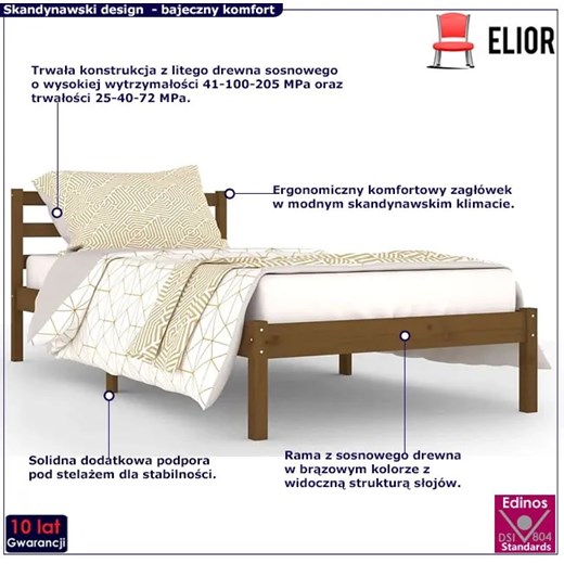 Skandynawskie łóżko sosnowe miodowy brąz 90x200 cm - Lenar 3X Elior One Size Edinos.pl