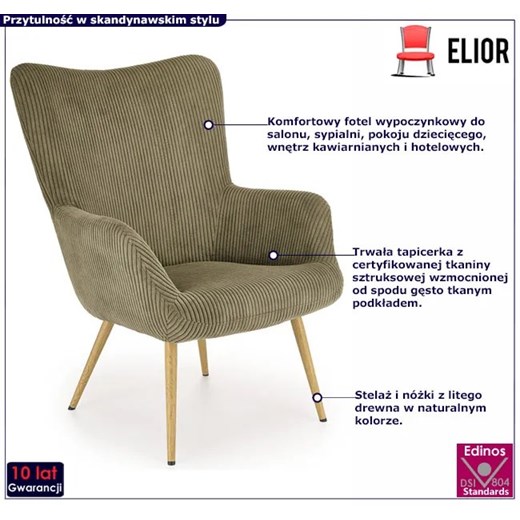 Oliwkowy fotel uszak w stylu skandi - Costes Elior One Size okazyjna cena Edinos.pl
