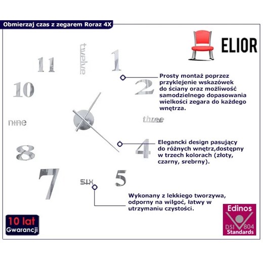 Srebrny zegar ścienny 100 cm - Roraz 4X Elior One Size Edinos.pl