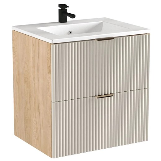 Umywalka ceramiczna z szafką wiszącą kaszmirowy + orzech - Enda 8X ze sklepu Edinos.pl w kategorii Szafki i regały łazienkowe - zdjęcie 173840152