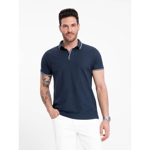 Koszulka męska polo z dzianiny pique bez guzików - granatowa V3 OM-POSS-0110 ze sklepu ombre w kategorii T-shirty męskie - zdjęcie 173848194