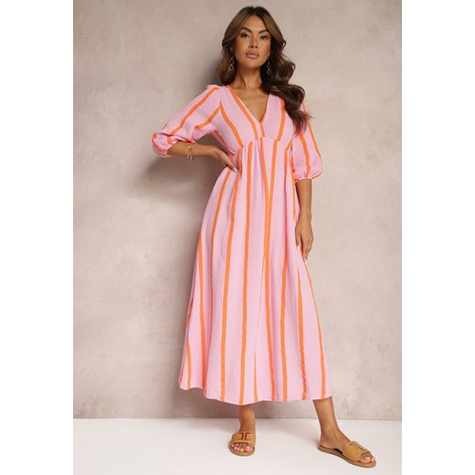 Różowo-Pomarańczowa Bawełniana Sukienka w Paski o Rozkloszowanym Kroju Legelia ze sklepu Renee odzież w kategorii Sukienki - zdjęcie 173849514