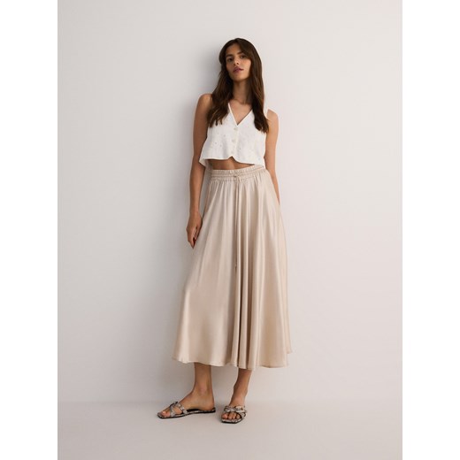 Reserved - Spódnica midi z satyny - beżowy Reserved XL Reserved