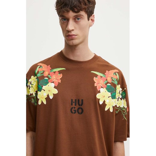 HUGO t-shirt bawełniany męski kolor brązowy z nadrukiem 50517425 ze sklepu ANSWEAR.com w kategorii T-shirty męskie - zdjęcie 173860161