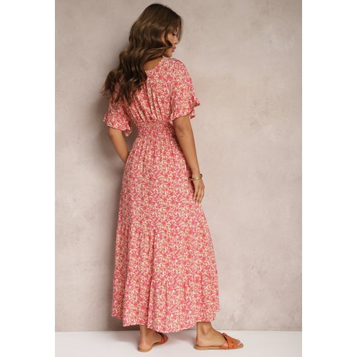 Różowo-Beżowa Rozkloszowana Sukienka z Bawełny Ozdobiona Wiązaniem z Gumką w Renee M promocja Renee odzież