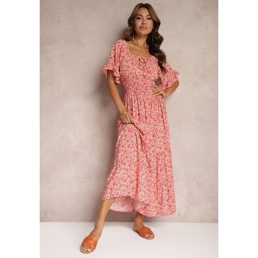 Różowo-Beżowa Rozkloszowana Sukienka z Bawełny Ozdobiona Wiązaniem z Gumką w Renee L Renee odzież okazja